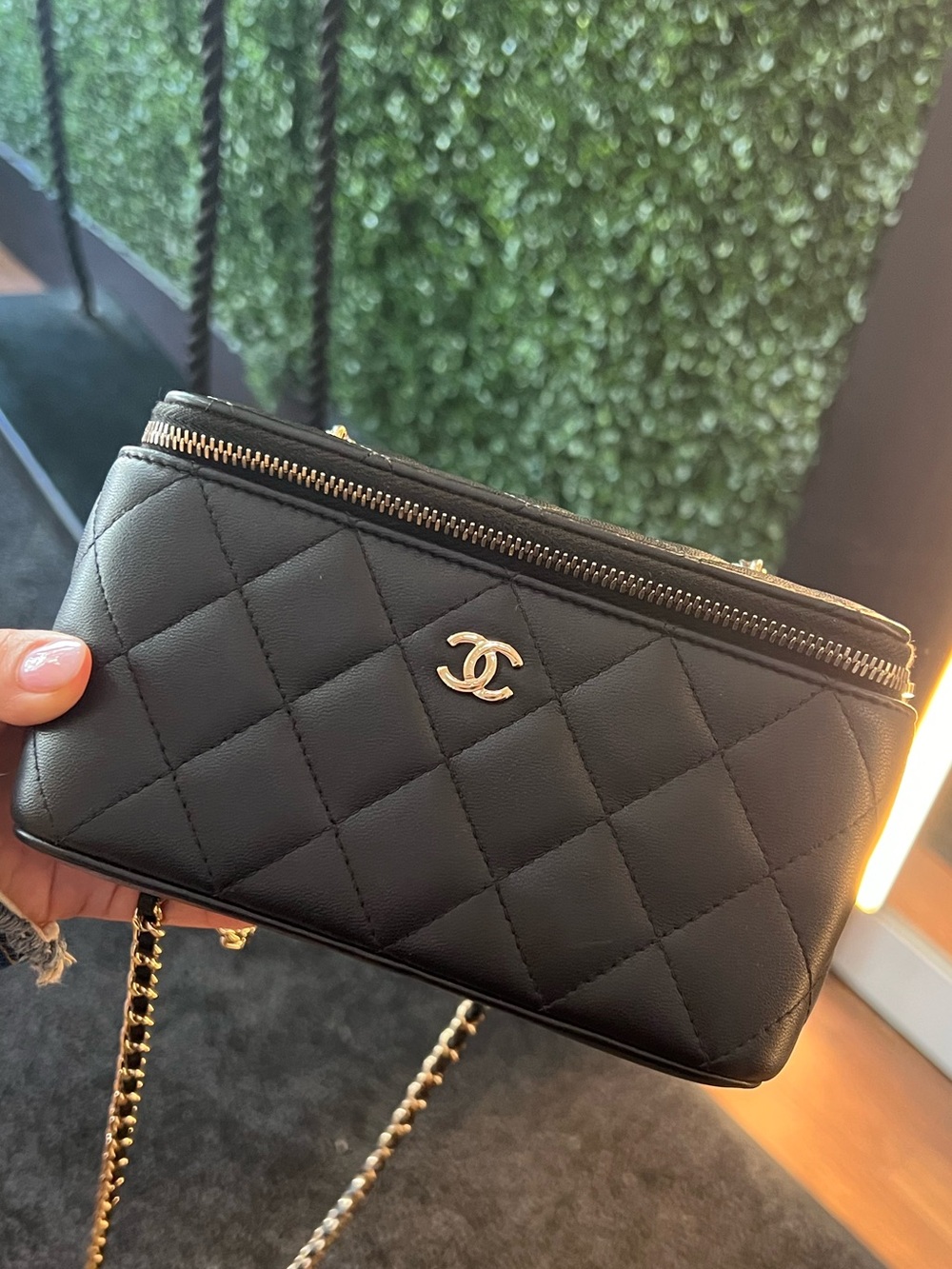 CHANEL Black Quilted Leather Crossbody Camera Pouch with Gold Chain